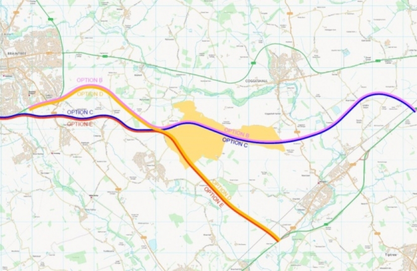 The four options for dualling the A120 - Option D, shown in yellow, is the favoured route Picture: ESSEX COUNTY COUNCIL